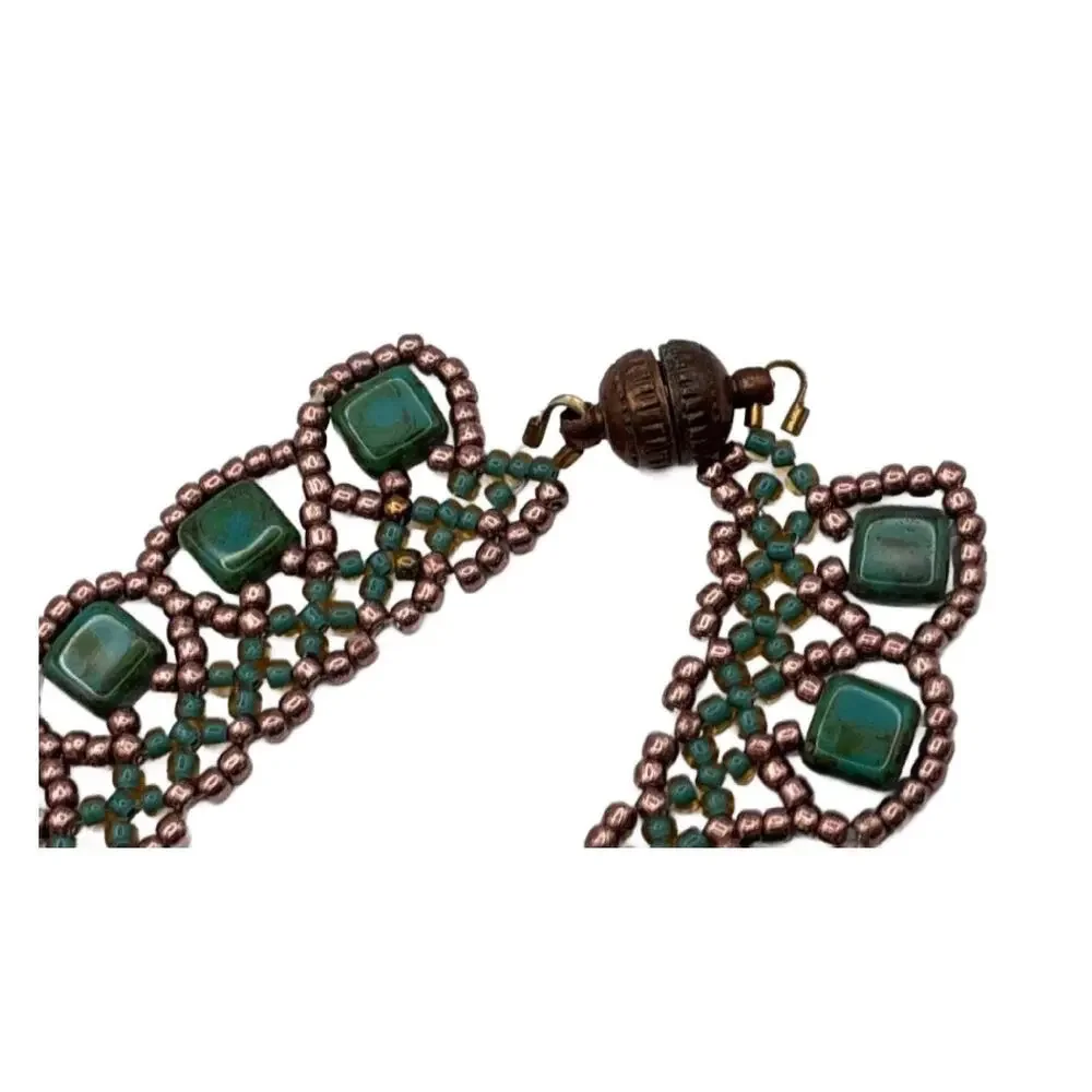 Vintage Green Glass Bead Collar Necklace, Egyptian Revival - Picture 5 of 11